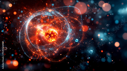 Fiery atomic energy concept with glowing particles and dynamic swirls
