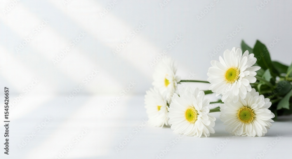 Obraz premium A bouquet of white daisies with yellow centers on a white surface, with sunlight streaming in from the top left corner.