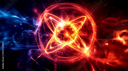 Fiery atomic energy concept with glowing particles and dynamic swirls