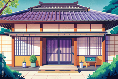 Japanese traditional home front vector featuring wooden sliding doors and tiled roof perfect for cultural, architectural, or heritage design themes with authentic detail
