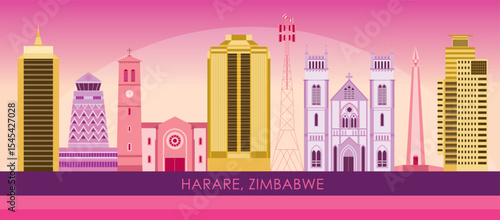 Sunset Skyline panorama of city of Harare, Zimbabwe - vector illustration