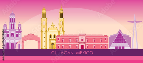 Sunset Skyline panorama of city of Culiacan, Mexico - vector illustration
