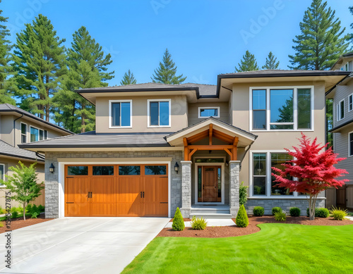 Wallpaper Mural A cozy beige house and a garden on a sunny day. Torontodigital.ca
