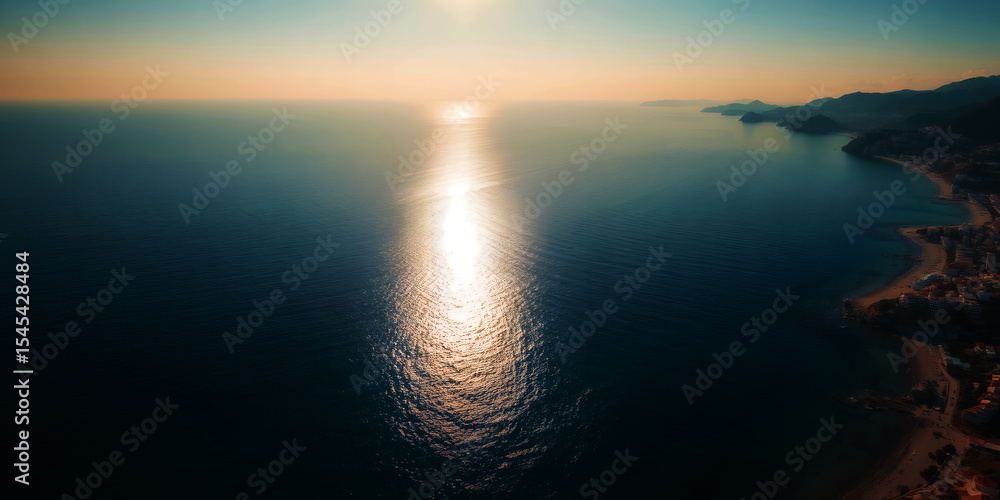 Aerial view of the ocean reflecting sunlight with coastline in the distance during sunset Aerial view of the ocean reflecting sunlight with coastline in the distance during sunset