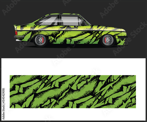 Lime Green Car Wrap Design with Black Abstract Shapes and Pattern