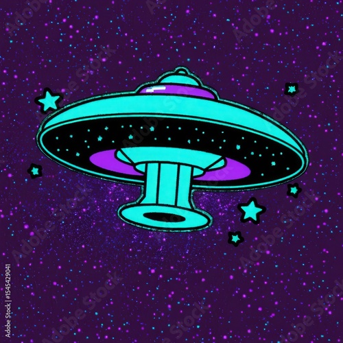 A retro 1980s cartoon UFO sticker, glowing neon lights, CRT screen texture, pixelated stars background, vibrant purple and cyan colors, capturing the essence of classic arcade aesthetics.