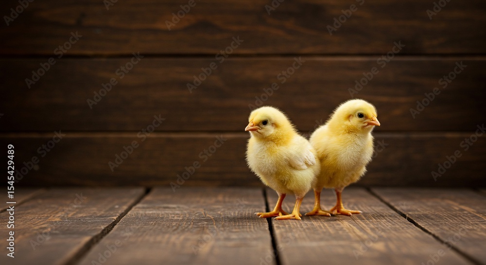 Two Adorable Newborn Chicks on Rustic Wooden Background Two Adorable Newborn Chicks on Rustic Wooden Background