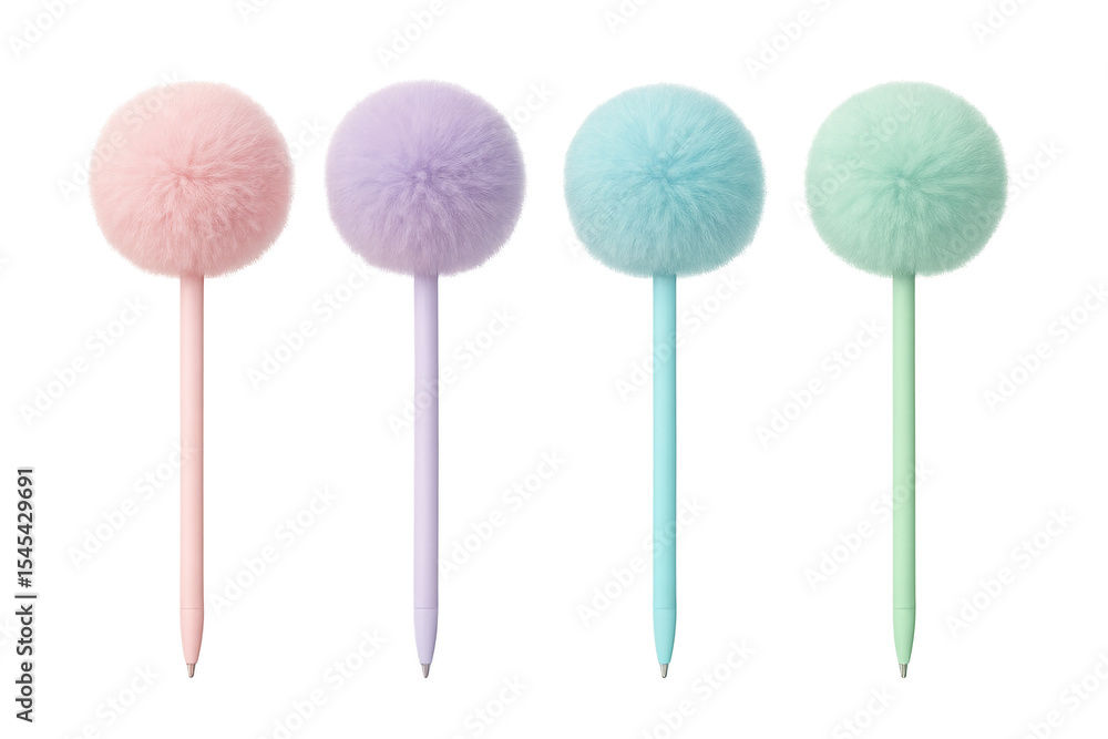 Four fluffy pastel ballpoint pens on transparent background Four fluffy pastel ballpoint pens on transparent background