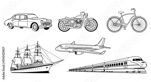 Vector outlined transportation methods including a car, motorcycle, bicycle, ship, plane, and train illustrated