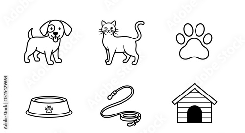 Vector illustration of a dog, cat, paw print, pet bowl, leash, and doghouse in a line art style drawing format