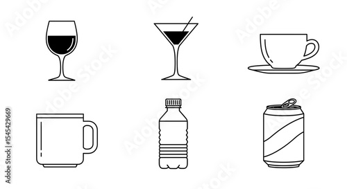 Vector line drawing of various drink containers including glasses, mugs, bottle and can arranged nicely
