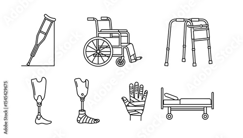 Vector line drawing showcasing assistive medical devices and aids for mobility and injury recovery equipment set