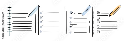 Hand drawn checklist planner with pencil and notebook pages crossing off tasks, doodle style task management concept illustration