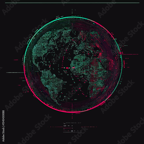 Digital glitch Earth globe with red and green 3D anaglyph effect, technology network data visualization, futuristic planet world illustration vector