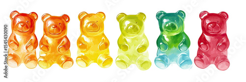 Row of six colorful translucent gummy bears in orange, yellow, green, blue, and red isolated on white background with glossy and shiny flat minimalist style vector illustration