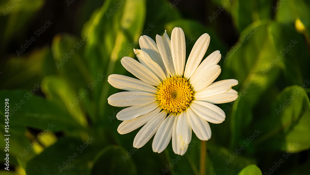 Obraz premium Close-up of a single white daisy flower blooming in a garden of green leaves during sunset
