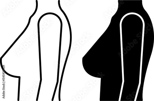 Breast Icons. Black and White Vector Illustration. Female Mammary Glands, Torso, and Arm. Human Body Part, Medical. Anatomy Concept