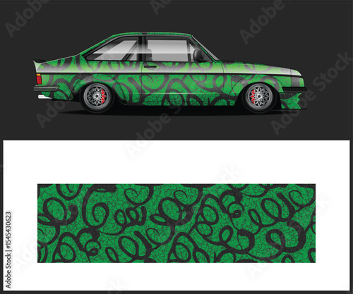 Green and Black Car Wrap Design with Abstract Swirls and Red Calipers
