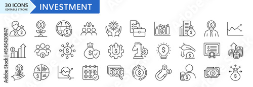 Investment line icon set. Included investment, profit, investor, mutual fund, risk management, economy, asset, financial gain, Inflation and more. Editable stroke. Vector illustration.
