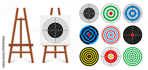 Shooting range target on a wooden easel stand. Paper target with divisions, marks and numbers. Archery, gun shooting and training, sport competition, hunting. Bullseye and aim. Vector illustration