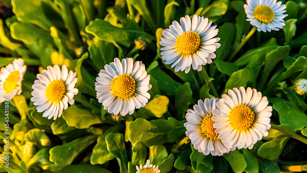 Fototapeta premium Close-up of several white daisies blooming in lush green foliage, bathed in sunlight