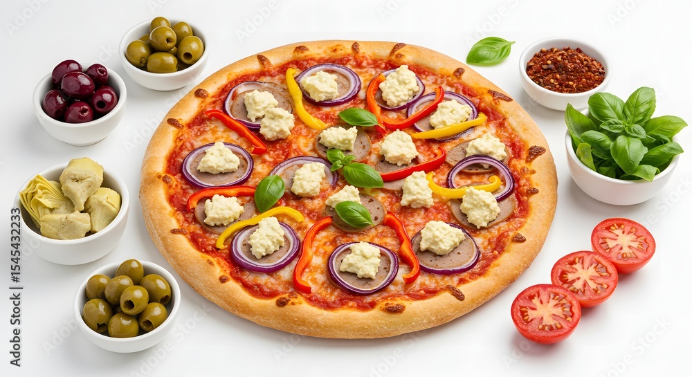World Pizza Day – Delicious vegan pizza stuffed with fresh vegetables, plus jars full of vegetables as side dishes, celebrating plant-based flavor, health and culinary creativity World Pizza Day – Delicious vegan pizza stuffed with fresh vegetables, plus jars full of vegetables as side dishes, celebrating plant-based flavor, health and culinary creativity