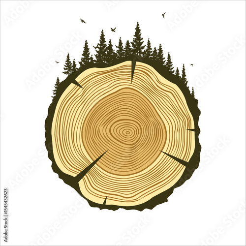 Round tree trunk cut with trees, forest and birds. Sawn pine or oak slice, lumber. Saw cut timber, wood. Brown wooden texture with tree rings. Hand drawn sketch. Vector illustration