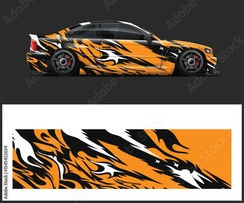Sport Car Wrap Design with Abstract Flames and Racing Livery Graphics