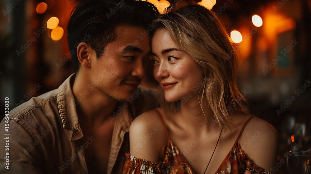 Romantic moment of a smiling Asian couple taken outdoors, showcasing love, happiness, and connection in natural daylight with soft tones and candid expressions. Generative AI Romantic moment of a smiling Asian couple taken outdoors, showcasing love, happiness, and connection in natural daylight with soft tones and candid expressions. Generative AI
