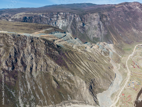 Construction of a new road to the Chulyshman River valley. Mountain pass Katu-Yaryk. Landscape. Mountain dangerous road.