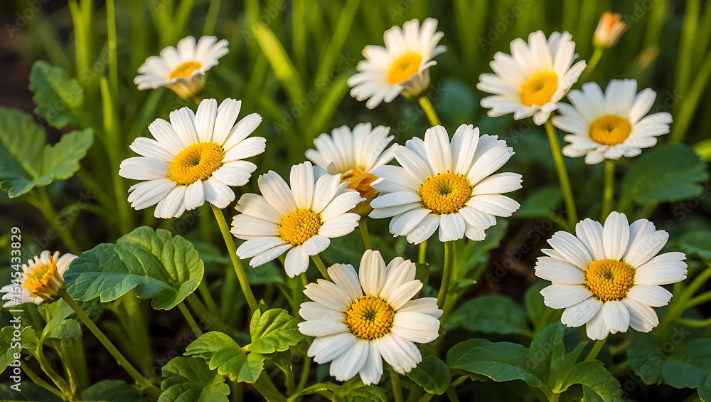 Obraz premium Close-up of several white daisies blooming in a lush green garden