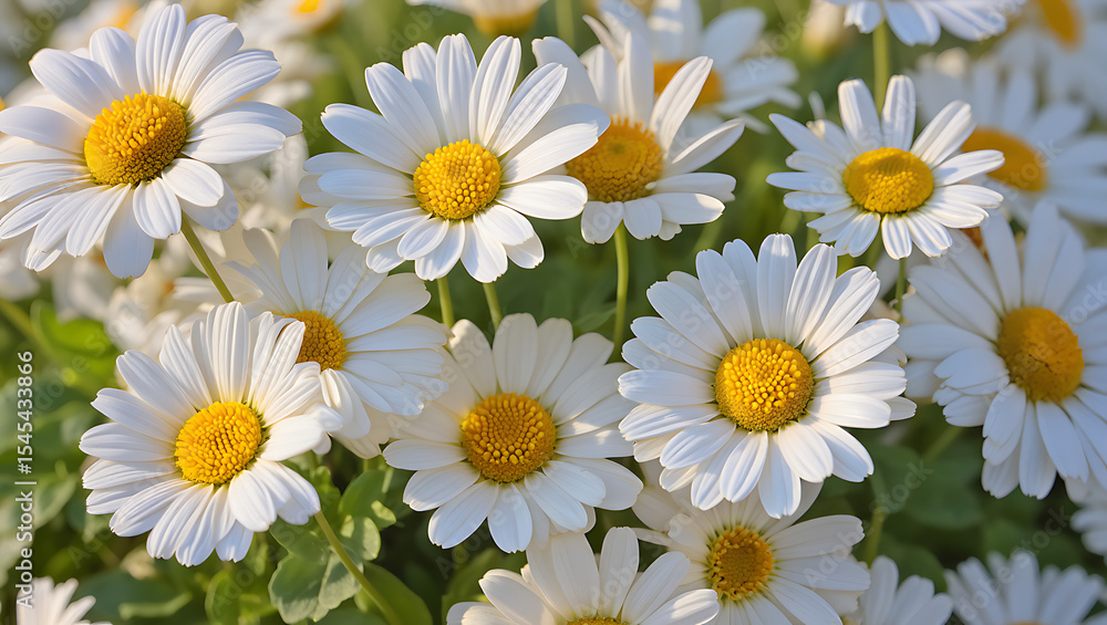 Fototapeta premium Close-up of numerous white daisies blooming in a garden setting, bathed in sunlight.