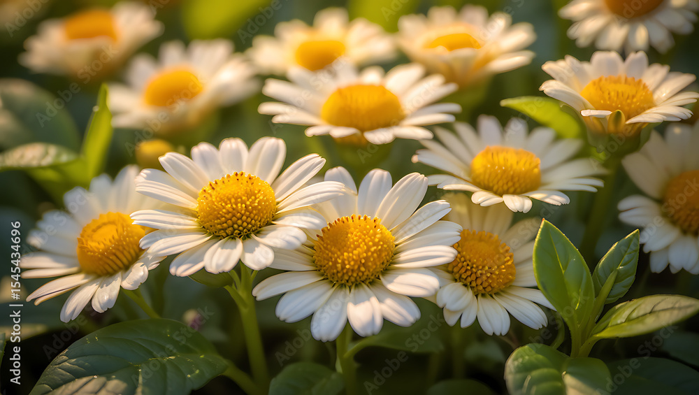 Fototapeta premium Close-up of white daisies with yellow centers in a garden setting, illuminated by sunlight