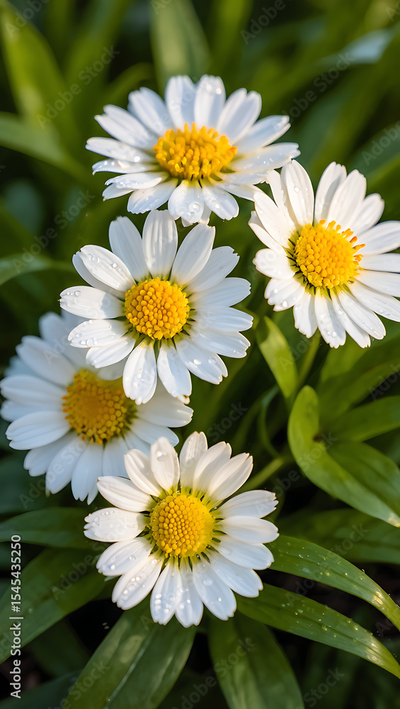 Fototapeta premium Close-up of four white daisies with yellow centers, glistening with dew drops in a lush green garden setting.