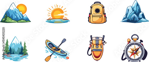 Cartoon outdoor adventure elements depicting mountains sun kayak backpack and compass.