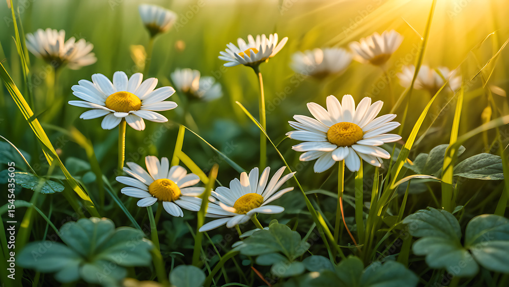 Fototapeta premium Close-up of daisies blooming in a sunlit meadow, vibrant green grass