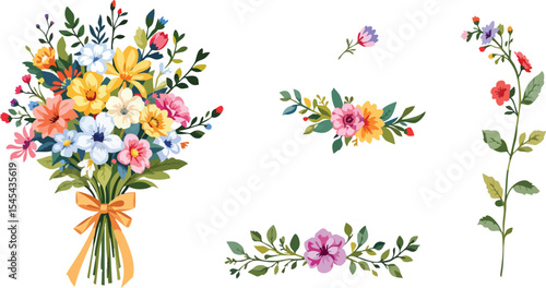Colorful bouquet of flowers with floral arrangement elements isolated on white background.