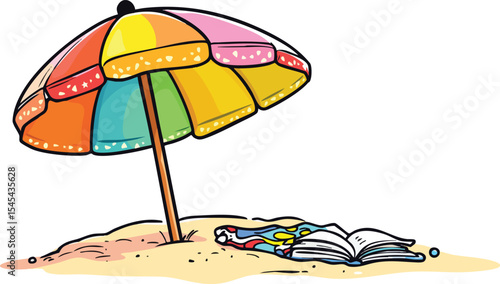 Colorful beach umbrella on sand with a book and beach towel for summer relaxation.