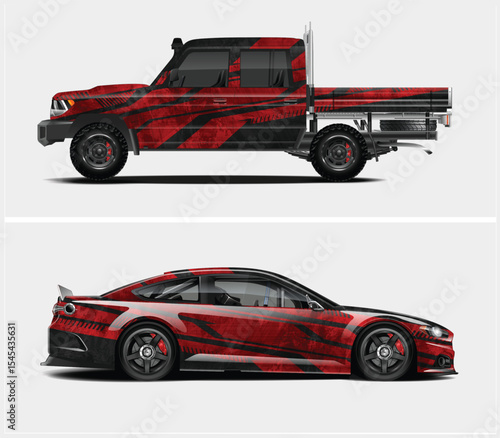 Red and Black Graphic Wraps for Pickup Truck and Sports Car