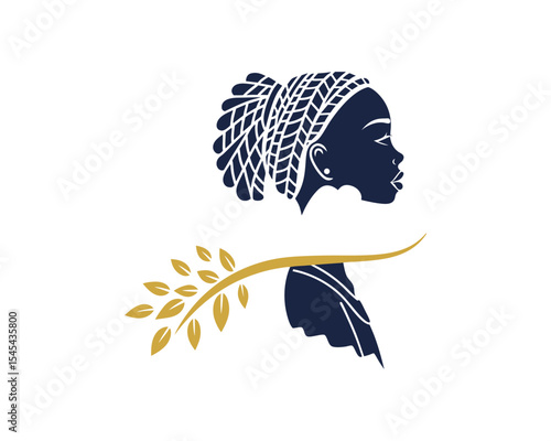 Elegant African Woman Silhouette with Braided Hair and Golden Leaves  Beauty and Culture Logo Illustration