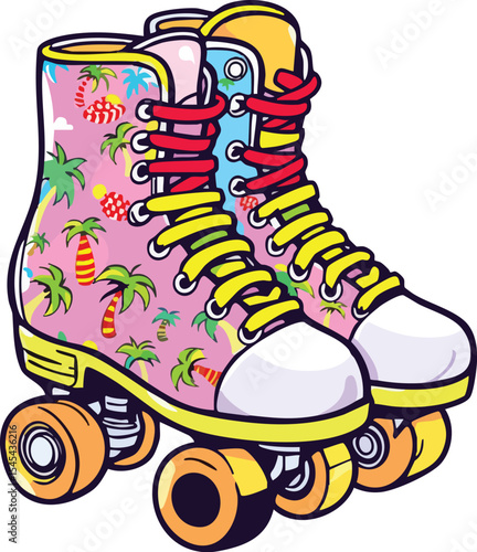Colorful vector illustration of a pair of retro roller skates with tropical patterns.