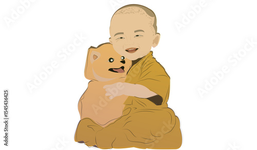 buddha kid, happy buddha kid, happiness, smiling baby with dog