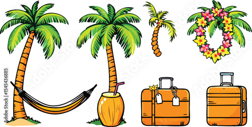Tropical paradise elements featuring palm trees suitcases coconut drinks and floral leis illustrations.