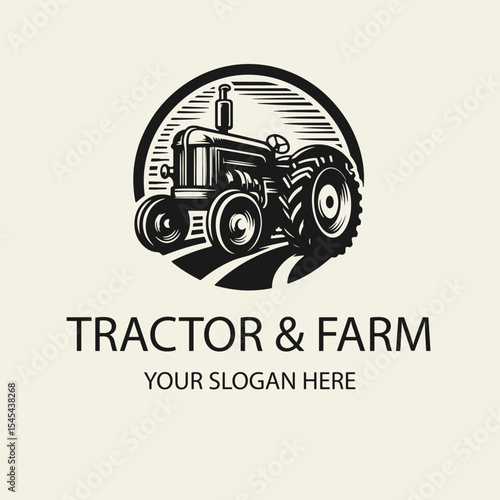 Black and white flat vector illustration of a farm logo with a tractor on a field in front of a barn and windmill. Clean silhouette style, perfect for agricultural branding.