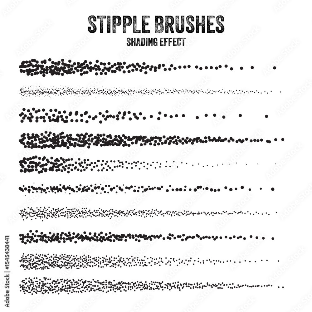 Fototapeta premium Ink scatter brush, stipple drawing and texturing. Fading gradient. Stippling, dotwork drawing, shading using dots. Halftone disintegration effect. White noise grainy texture. Vector illustration