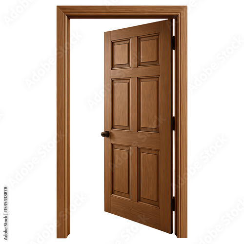 Open wooden panel door isolated on transparent background