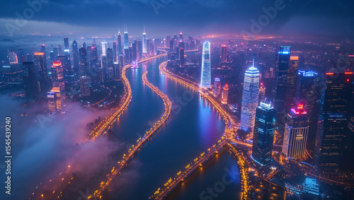 Wallpaper Mural Futuristic Cityscape with Neon Lights and River at Dusk Torontodigital.ca