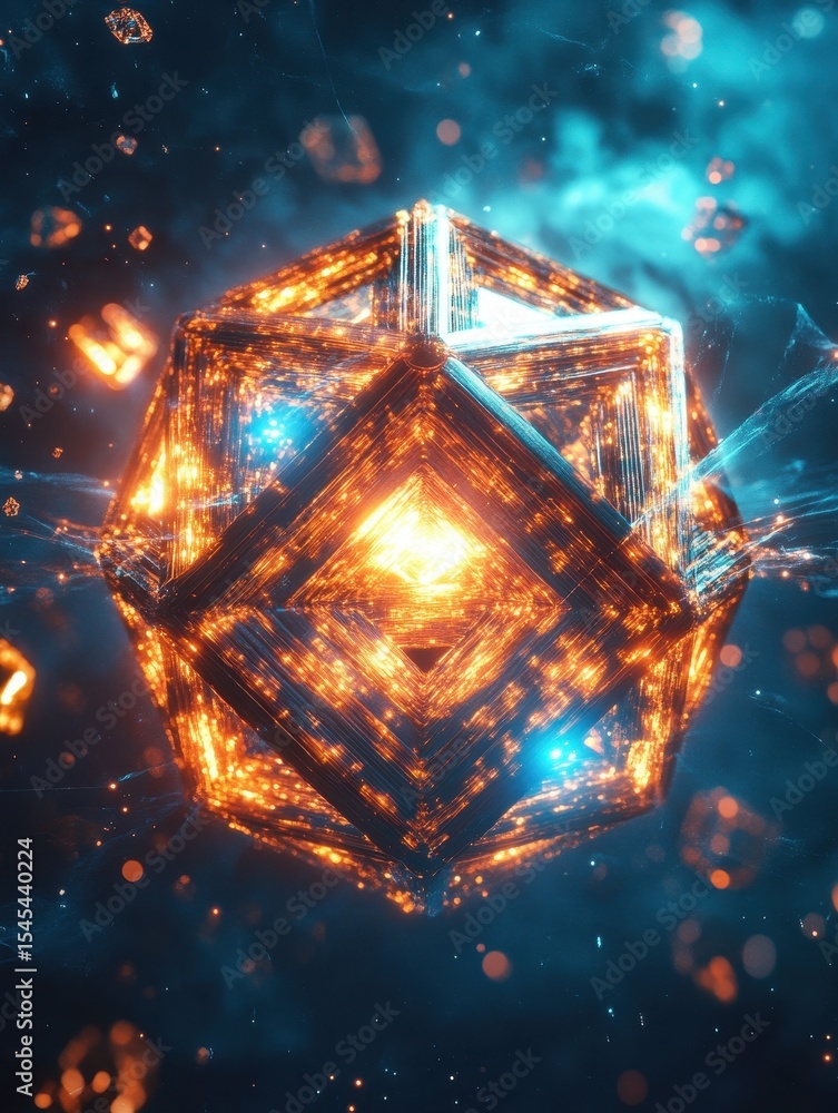 Fototapeta premium Epic Space Cube: A 3D Digital Art Illustration of an Ornate Glowing Crystal Ball in Dark Blue Space, with Light and Dark Reflections