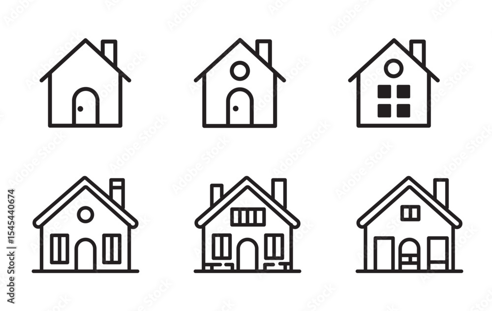 Collection home icons. House symbol. Set of real estate objects and houses black icons isolated on white background. Vector illustration. Collection home icons. House symbol. Set of real estate objects and houses black icons isolated on white background. Vector illustration.