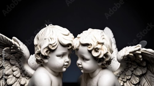 Two marble cherubs facing each other with clasped hands against dark backdrop; a symbol of love and connection